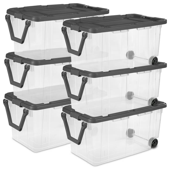 Sterilite 160 Qt Latching Stackable Wheeled Storage Tote w/ Lid, 6 Pack