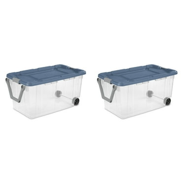 Sterilite Extra Large Storage Bin, 160 Quart Wheeled Clear Plastic Storage Container with Handle, Blue, Pack of 2