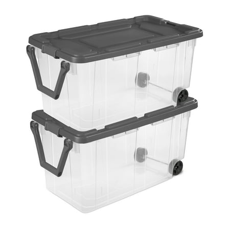 Sterilite 160 Quart Wheeled Stacker, Extra Large Durable Clear Bin, Latch Lid and Pull Handle, Gray, 2 Count