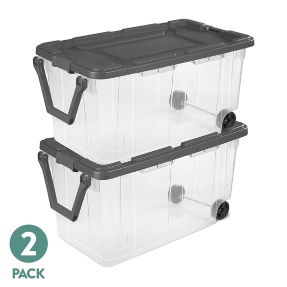 Sterilite 160 Quart Wheeled Stacker, Extra Large Durable Clear Bin, Latch Lid and Pull Handle, Gray, 2 Count
