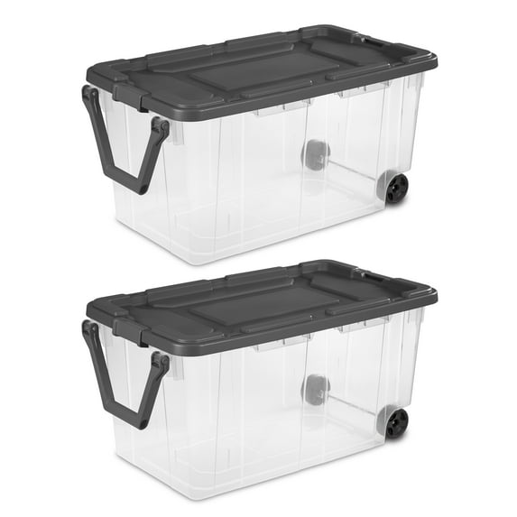 Sterilite Extra Large Storage Bin, 160 Quart Wheeled Clear Plastic Storage Container with Handle, Gray, Pack of 2, Industrial