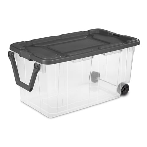 Sterilite 160 Quart Wheeled Storage Box, Extra Large Durable Clear Plastic Bin, Latch Lid, Gray