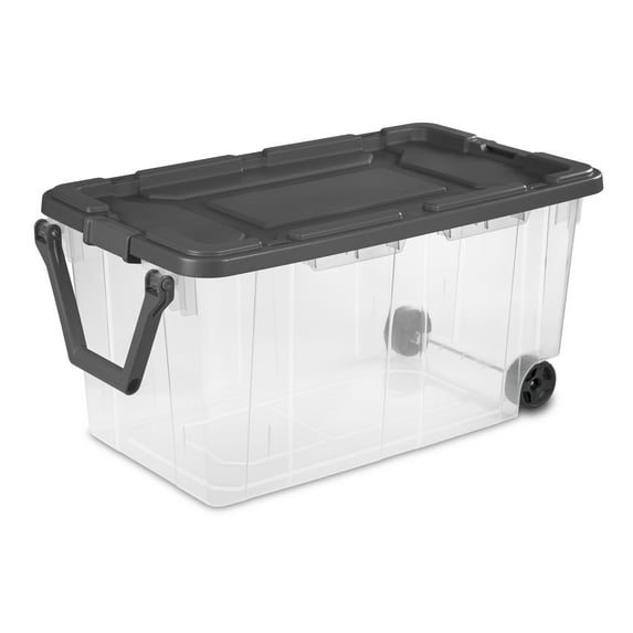 Sterilite Extra Large Storage Bin, 160 Quart Wheeled Clear Plastic Storage Container with Handle, Gray, Industrial