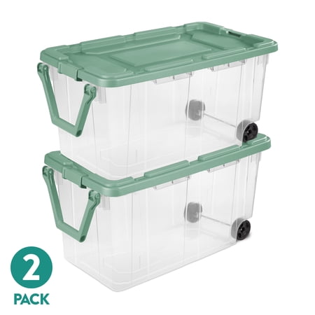 Sterilite Extra-Large Wheeled Rugged Storage Bin, 160 Quart Durable Clear Storage Container with Latching Lid and Pull Handle, Green, 2 Pack