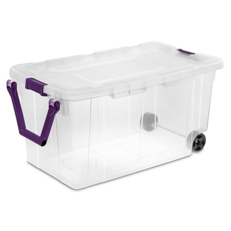 Sterilite 160 Quart Wheeled Stacker, Durable Clear Bin, Latch Lid and Pull Handle, Purple