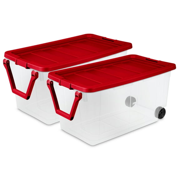 Sterilite 160 Qt Wheeled Storage Box, Large Plastic Containers with Lid, Red/Clear, 2 Pack