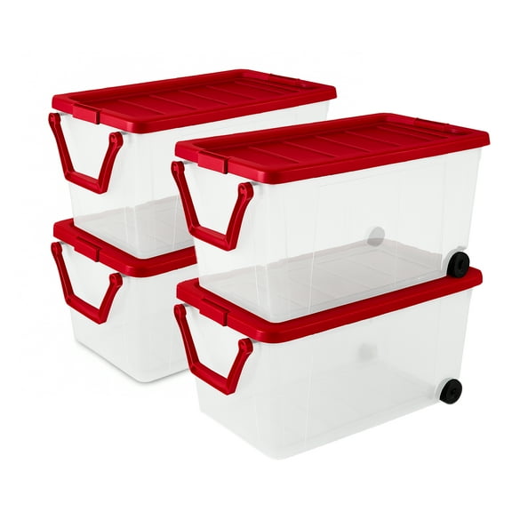 Sterilite 160 Qt. Wheeled Storage Box, Seasonal Holiday Clear Bins w/ Handle, Red, 4 Pack