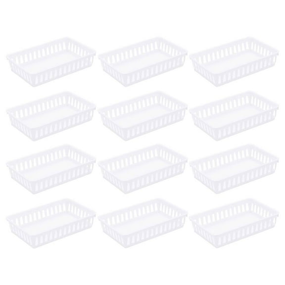 Sterilite 1606 Storage Tray Bin Basket White Plastic Stackable Organize Drawer Shelf Countertop For Home Office, 12-Pack
