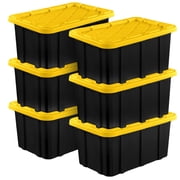 Sterilite 17 Gal Industrial Stackable Storage Tote Lidded Containers, Black/Yellow, 6 Pack