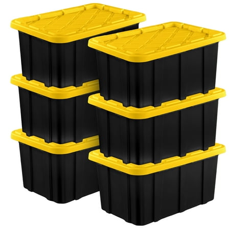 Sterilite 17 Gal Industrial Stackable Storage Tote Lidded Containers, Black/Yellow, 6 Pack