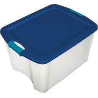 Sterilite 18 Gal Latch and Carry, Stackable Storage Bin with Latching Lid, Plastic Container to Organize Closets, Clear with Blue, 6-Pack
