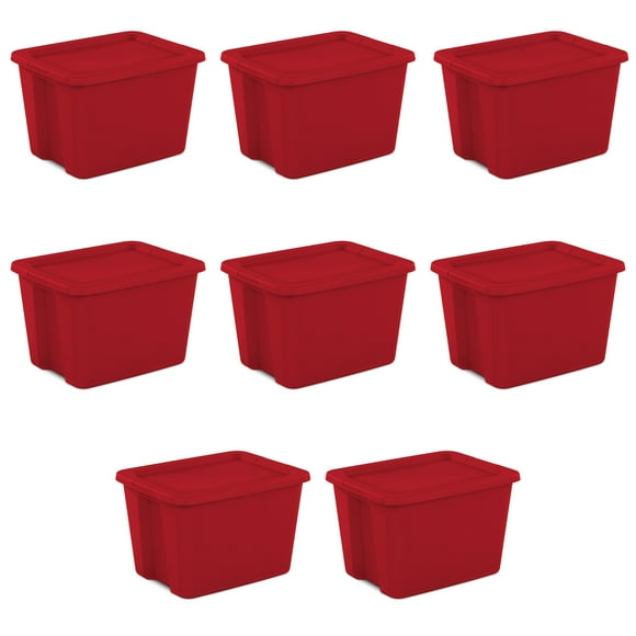 Sterilite Large Storage Bin, 18 Gallon Plastic Storage Container with Snap-On Lid, Red, Pack of 8