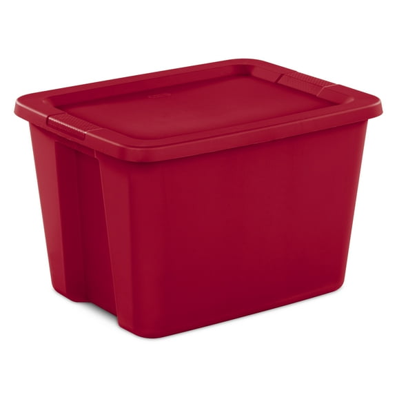 Sterilite 18 Gallon Tote, Plastic Christmas Storage Bin with Snap-on Lid, Ideal for Holiday Linens, Décor, Keepsakes and More, Red