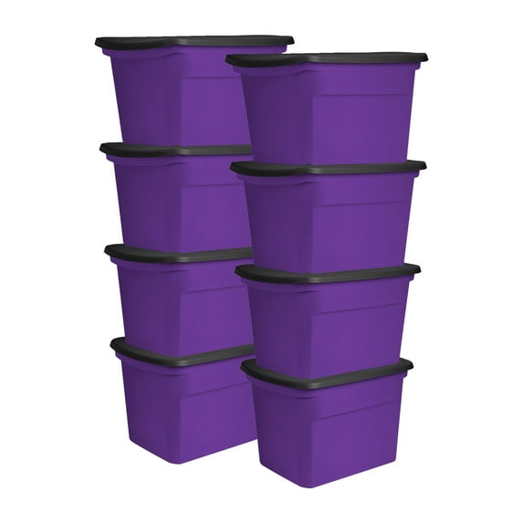 Sterilite 18 Gallon Storage Tote Stackable Plastic Bin with Lid, Purple, 8 Pack