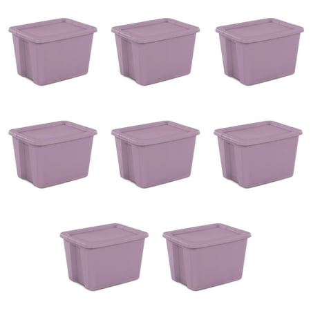 Sterilite Large Storage Bin, 18 Gallon Durable Plastic Storage Tote with Snap-On Lid, Light Purple, 8 Pack