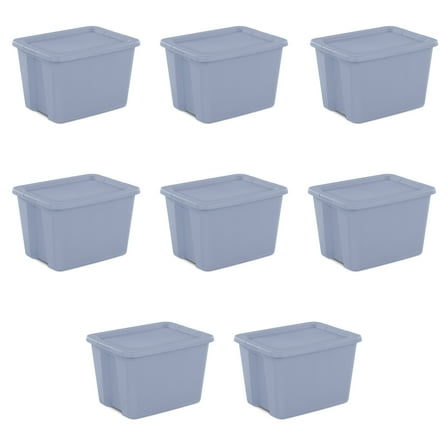 Sterilite Large Storage Bin, 18 Gallon Plastic Storage Tote with Snap-On Lid, Light Blue, 8 Pack