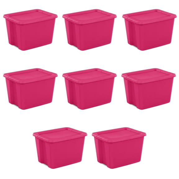 Sterilite Large Storage Bin, 18 Gallon Durable Plastic Storage Tote with Snap-On Lid, Pink, 8 Pack