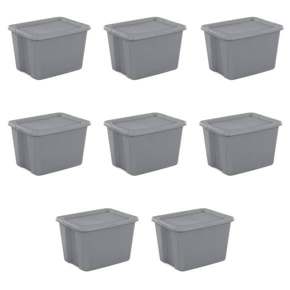 Sterilite Large Storage Bin, 18 Gallon Plastic Storage Container with Snap-On Lid, Gray, 8 Count