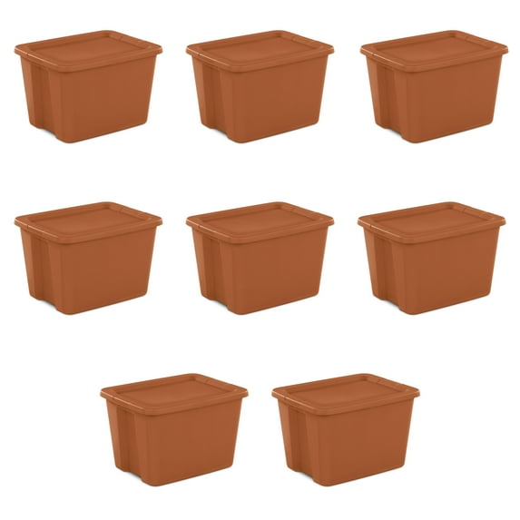 Sterilite 18 Gallon Tote, Plastic Storage Bin with Snap-on Lid, Ideal for Fall and Halloween Linens, Costumes, Décor, and More, Turmeric, 8 Pack