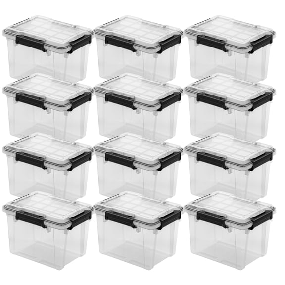 Sterilite 19 Qt Gasket Box, Stackable Plastic Storage Container with Lids, Black, 12 Pack