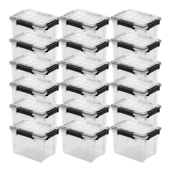 Sterilite 19 Qt Gasket Box, Stackable Plastic Storage Container with Lids, Black, 18 Pack