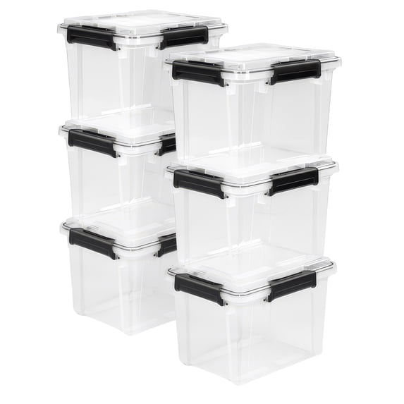 Sterilite 19 Qt Gasket Box, Stackable Plastic Storage Container with Lids, Black, 6 Pack