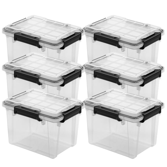 Sterilite 19 Qt Gasket Box, Stackable Storage Container with Lids, Black, 6 Pack