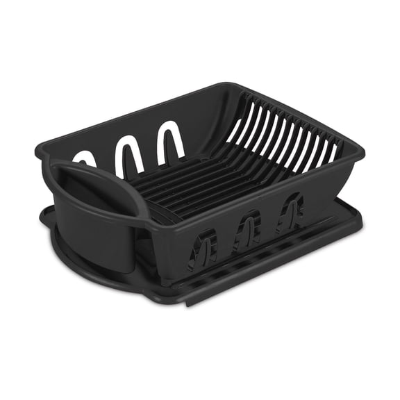 Sterilite 2 Piece Sink Set, Dish Drainer and Drainboard for Plates, Cups, and Flatware, Black