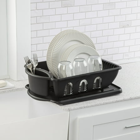 Sterilite 2 Piece Sink Set, Dish Drainer and Drainboard for Plates, Cups, and Flatware, Black