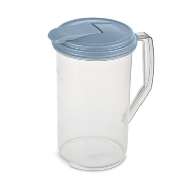 Sterilite 2 Quart Round Pitcher, Clear Plastic, Flip-top Spout, Light Blue