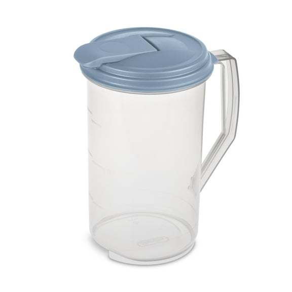 Sterilite 2 Quart Round Pitcher, Clear Plastic, Flip-top Spout, Light Blue