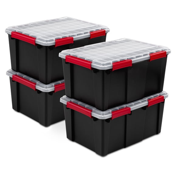 Sterilite 20 Gal Gasket Box, Stackable Plastic Storage Container with Lid, Black, 4 Pack
