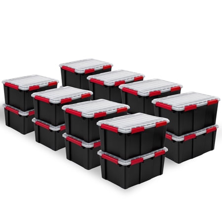 Sterilite 20 Gal Gasket Box, Stackable Plastic Storage Container with Lid, Black, 16 Pack