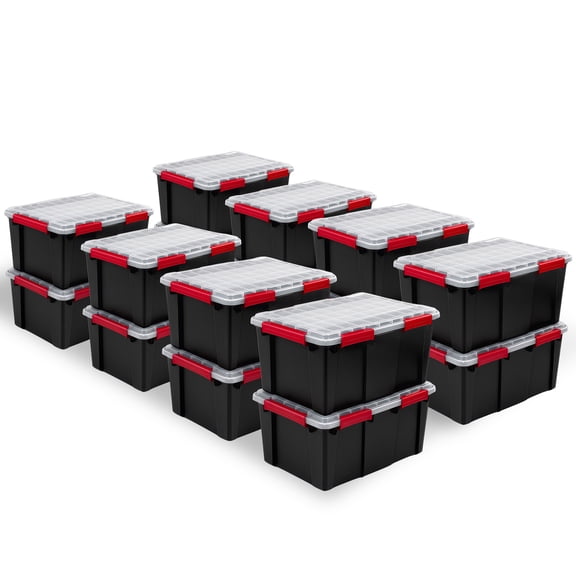 Sterilite 20 Gal Gasket Box, Stackable Plastic Storage Container with Lid, Black, 16 Pack