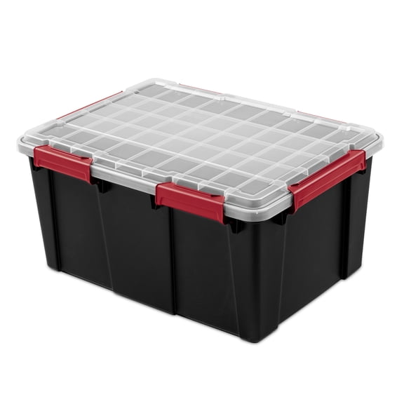 Sterilite Large Gasket Tote, 20 Gallon WaterProof Plastic Storage Bin with Lid, Gasket Seal and Durable Latches, Black
