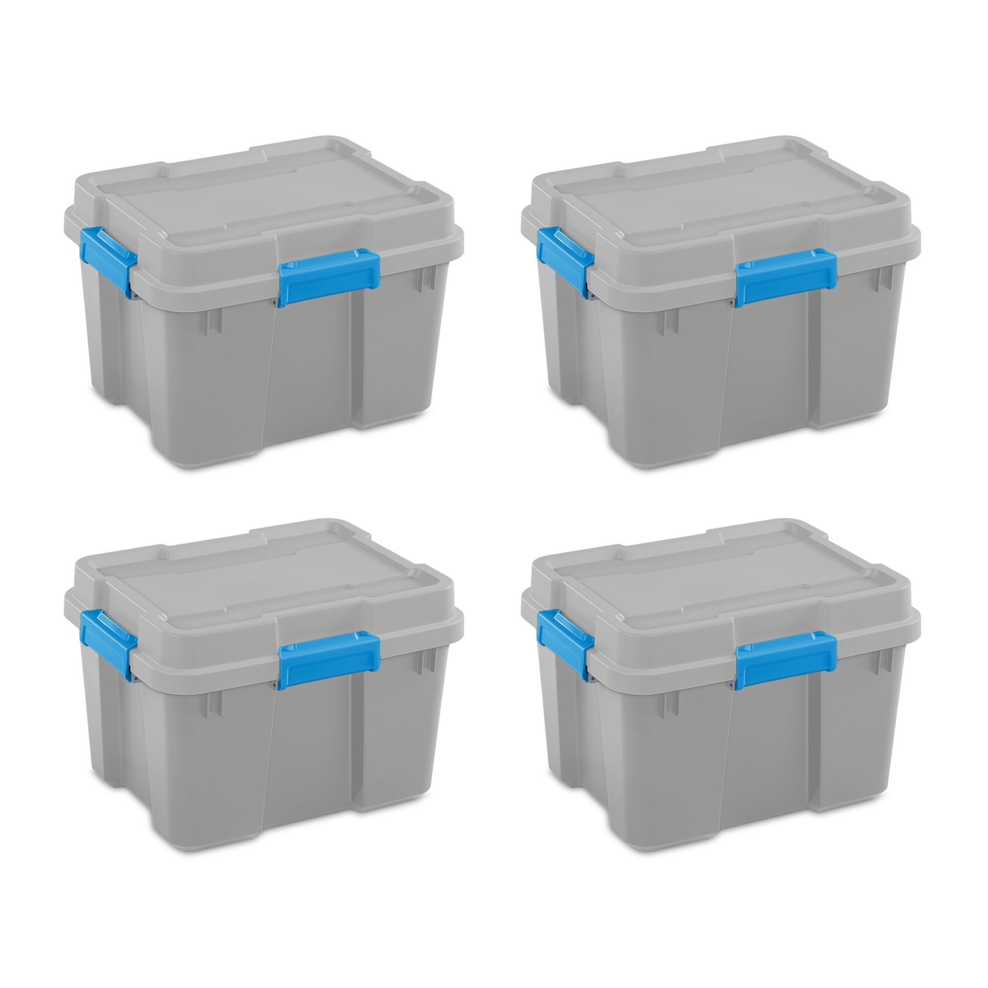 3 Sterilite Storage Bins with Lids: Clear 70 Qt, Gray 30 Gal, & Blue 35 Gal