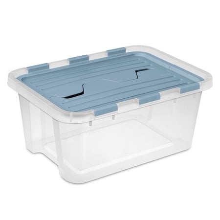 Sterilite 20 Qt Hinged Lid Storage Box, Plastic Container, Washed Blue, 24 Pack