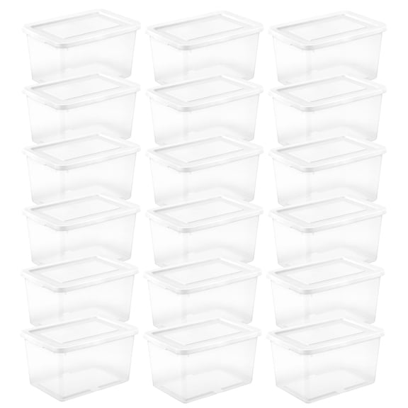 Sterilite 20 Qt Storage Boxes, Clear Plastic Containers with Snap Lids, Set of 18, White