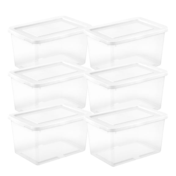 Sterilite 20 Qt Storage Boxes, Clear Plastic Containers with Snap Lids, Set of 6, White