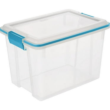 Sterilite Small Storage Bin, 20 Quart Clear Plastic Storage Container with Gasket Lid, Blue