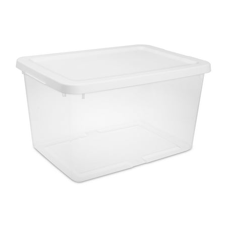 Sterilite 20 Quart Small Storage Bin, Clear Plastic Storage Container with Snap-On Lid, White