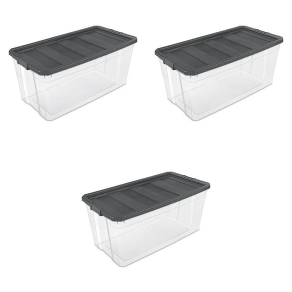 Sterilite Extra Large Stackable Storage Bin, 200 Quart Durable Clear Plastic Container with Latch Lid, Dark Gray, 3 Pack