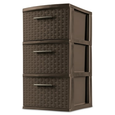 Sterilite 3 Drawer Tower, Slim Plastic Weave 3 Drawer Tower with Pull Handles, Brown
