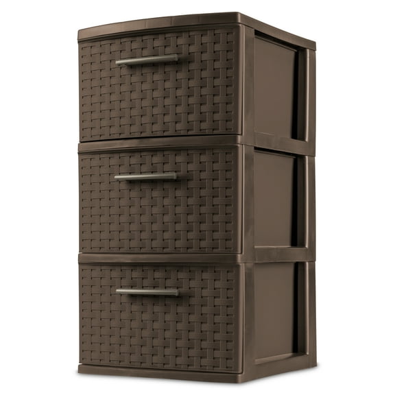 Sterilite 3 Drawer Weave Tower, Plastic Décor Drawers with Pull Handles, Brown