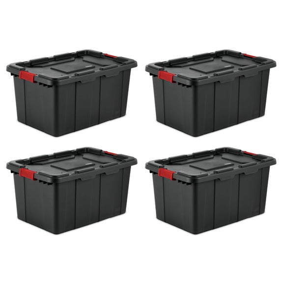 Sterilite 27 Gallon Durable Industrial Tote w/Red Latches, Black, 8 Pack
