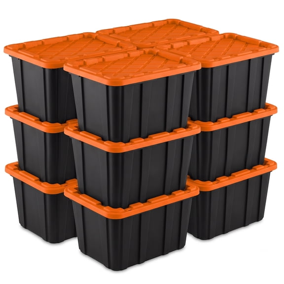 Sterilite 27 Gal Heavy-Duty Industrial Storage Tote with Snap Fit Lids, Orange, 12 Pack