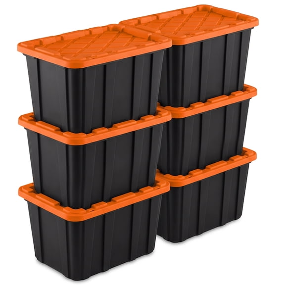 Sterilite 27 Gal Heavy-Duty Industrial Storage Tote with Snap Fit Lids, Orange, 6 Pack