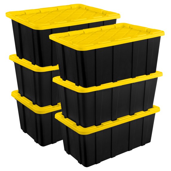 Sterilite 27 Gal Industrial Stackable Storage Tote Lidded Container, 6 Pack