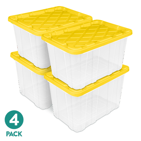 Sterilite Large Industrial Storage Bin, 27 Gallon Rugged Clear Plastic Storage Container with Snap-Fit Lid, Yellow, 4 Pack
