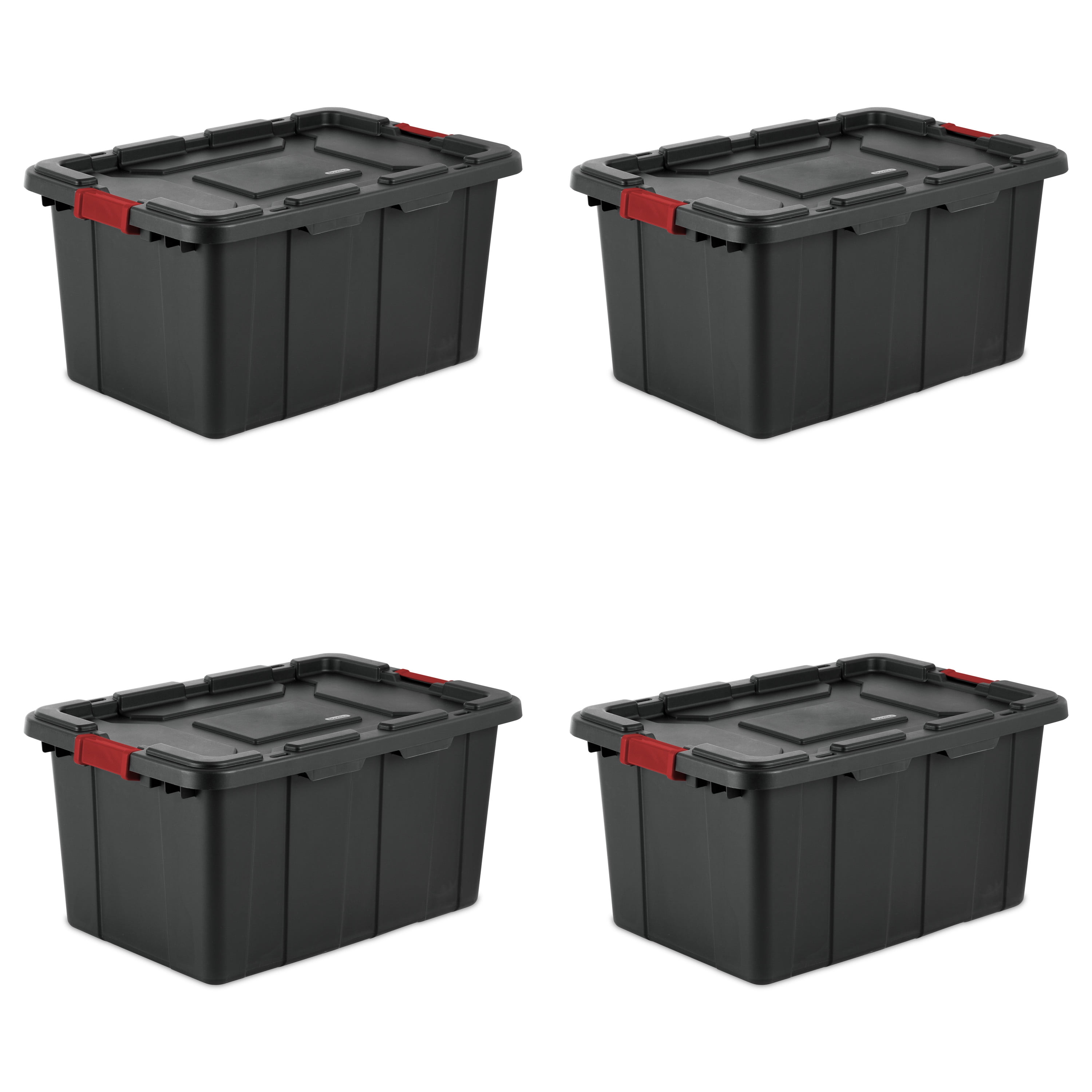Sterilite 27 Gallon Industrial Tote, Rugged Plastic Storage Bin, Latch Lid, Black, 4 Count